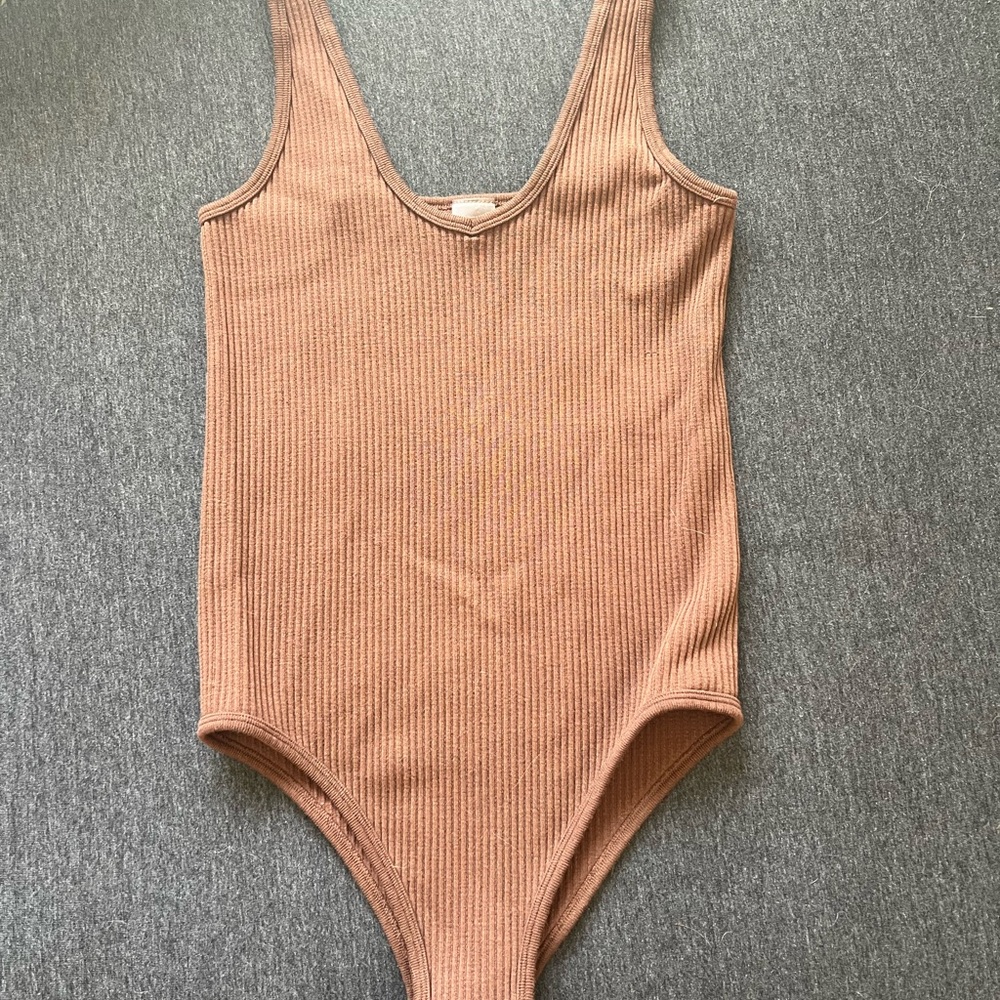 Brown Ribbed Bodysuit with Scoop Neckline